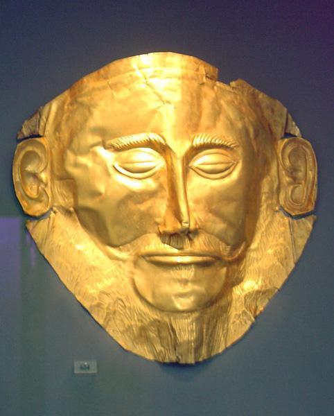Athens National Archaeological Museum: Exhibit 624. Gold death-mask, known as the \'mask of Agamemnon\'. (Grave V, Grave Circle A, Mycenae, 16th century BC)